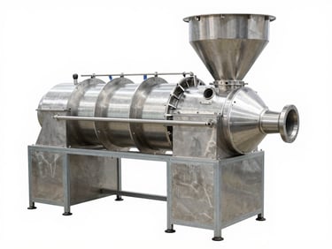 Side-profile technical shot of an industrial feed pellet mill with stainless steel conditioning chambers, bright clean factory setting.