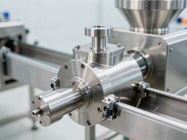 Crisp industrial product photography of a modern stainless steel food processing line in a bright clean factory setting, macro details of engineered components