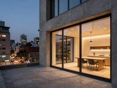 Images/propiedades/estudio_concepcion.jpg: Modern urban studio apartment in downtown Concepción, polished concrete details, large window showing city lights at dusk, warm interior lighting.