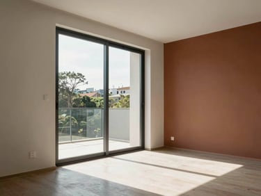 Modern apartment interior in Concepción, clean lines, large window letting in natural daylight, minimalist decor with terracotta accents