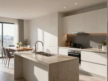 Interior of a sunlit apartment in Concepción, showing a clean kitchen with stone countertops and integrated dining area, bright daylight