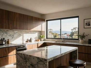Interior de departamento luminoso en Concepción, cocina americana con mesón de granito, balcón con vista despejada, luz de mañana.