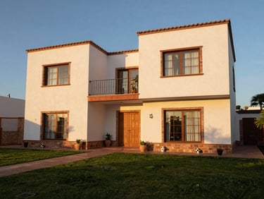 Fachada de casa moderna de dos pisos en San Pedro de la Paz, antejardín verde, tejas de arcilla, luz cálida de atardecer.