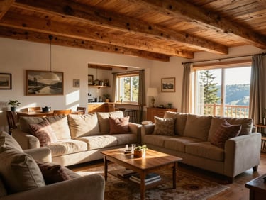 Images/propiedades/casa_coronel.jpg: Cozy family house living room in Coronel, wooden beams on the ceiling, warm sunlight illuminating a comfortable sofa and dining area.