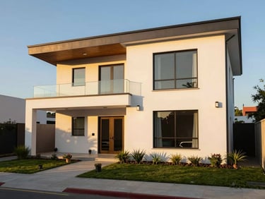 Exterior of a modern two-story house in San Pedro de la Paz, golden hour lighting, clean lines, contemporary architecture, landscaped front garden