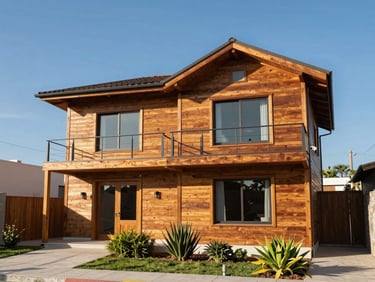 Bright sunlit exterior of a two-story family house in San Pedro de la Paz, modern wooden facade, small green front garden, clear blue sky