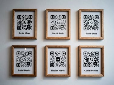 Overhead flat-lay of five laser-cut social-media QR and handle display frames in wood and acrylic on a white surface, each showing a different platform icon cutout and clean typography slot, cool studio light, no clutter