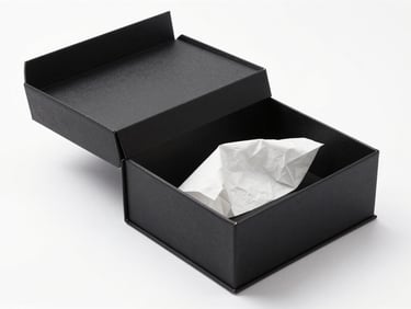 Elegant matte black gift box open on white background, tissue paper inside, overhead studio light, no hands or labels