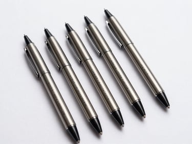 Five matching traditional ballpoint pens with brushed metal barrels arranged in a clean flat-lay on a white surface, laser-engraved names clearly visible along each barrel, studio strobe lighting, no shadows