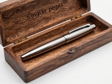 Single premium pen resting inside an open engraved wooden box on a white surface, close-up 45-degree angle showing laser-engraved lid text and pen detail, studio strobe lighting, sharp texture detail on wood grain