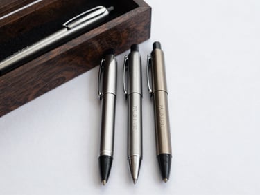 Close-up straight-on shot of three premium ballpoint pens laid parallel on a white surface, laser-engraved text visible along each pen barrel, one pen inside an open dark wood gift box, studio north-light, clean background