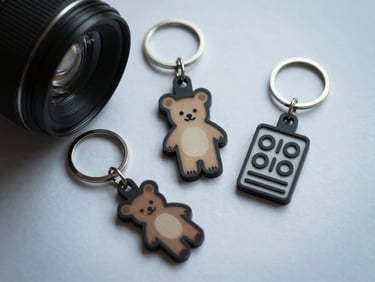 Three acrylic laser-cut keychains arranged on white surface, product overhead shot, cool studio light showing cut edges