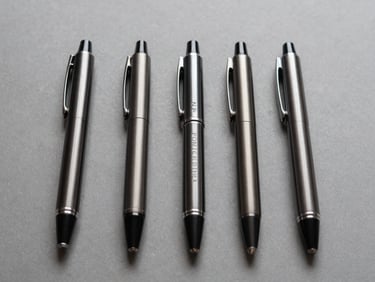 Five premium twist-mechanism pens with polished dark metal finish arranged in a precise row on a neutral grey surface, laser-engraved text on each barrel clearly legible, north-facing daylight, no clutter