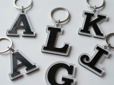 Close-up overhead flat-lay of five custom laser-cut acrylic keychains on a white surface, each showing a different cut silhouette — geometric, initial letter, custom shape — crisp edges visible, cool studio light, no hands