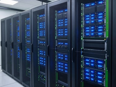 A wide panoramic shot of a server room, glowing blue LED lights on racks, a secure network overlay, focus on data protection, professional technology photography, bright natural daylight, crisp navy and green accents, sharp focus, 35mm.