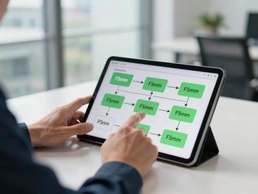 IT engineer's hands working on a tablet displaying workflow diagrams, modern commercial office setting, bright natural daylight, crisp navy and green accents, sharp focus, 35mm