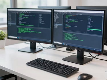 Professional software developer coding on multiple monitors, clean office environment, bright natural daylight, crisp navy and green accents, sharp focus, 35mm