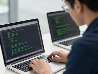 Technician reviewing code on a laptop screen, subtle green lines of code, professional and focused, bright natural daylight, crisp navy and green accents, sharp focus, 35mm