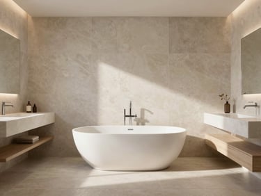 Wide environmental shot of a minimalist luxury bathroom with a freestanding tub, large format stone tiles, and a floating vanity under soft natural light. Clean geometric lines.