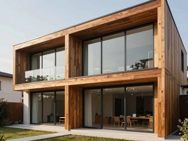 Exterior shot of a modern home addition blending seamlessly with the existing structure, featuring large glass panels and warm wood cladding under bright daylight. Architectural detail.