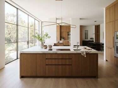 Wide shot of a minimalist luxury kitchen island, warm wood cabinetry, white marble countertops, bright natural light from large windows, architectural composition, empty of people.
