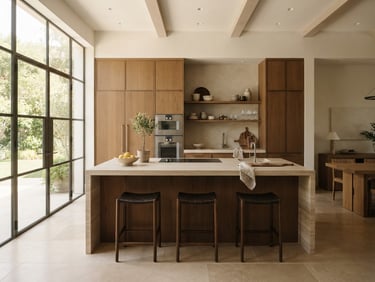 Wide shot of a minimalist luxury kitchen with warm wood cabinetry, stone countertops, and abundant natural light, architectural composition, soft shadows.