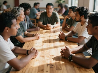 Community leaders gathered around a wooden table in a bright communal space, gesturing collaboratively, high-contrast natural shadows, warm editorial photography, rich heritage earth tones, 35mm film