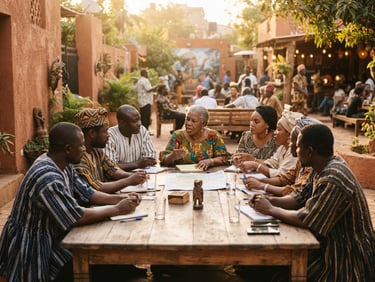 Wide environmental shot of community leaders collaborating around a wooden table in warm golden-hour sunlight, vibrant terracotta tones, high dignity, 35mm.