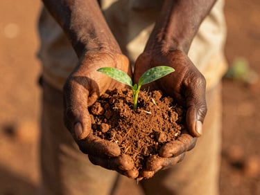 Hands of an African farmer gently holding rich terracotta soil with young green shoots, warm golden-hour light, close-up shot, warm editorial photography, rich heritage earth tones, 35mm film