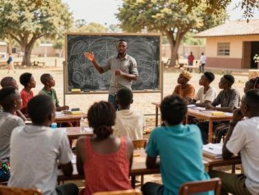 Vibrant communal outdoor classroom, local African teacher gesturing to a chalkboard with engaged adult learners, warm sunlight, warm editorial photography, rich heritage earth tones, 35mm film