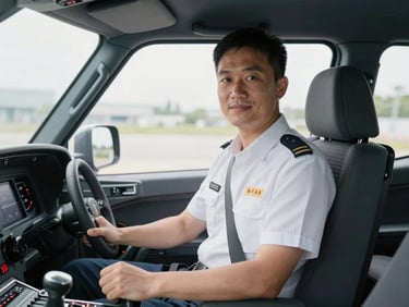 A professional driver in a clean uniform inside a modern transport cockpit, bright daylight, 35mm