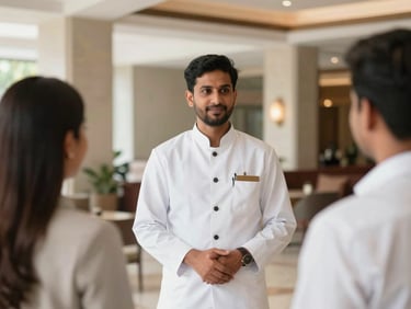 A Bangladeshi hospitality professional in a clean uniform welcoming guests at a premium hotel lobby, warm natural light, 35mm