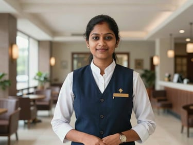 Environmental portrait of a professional Bangladeshi hospitality worker in a clean, bright hotel lobby, natural daylight, 35mm corporate photography