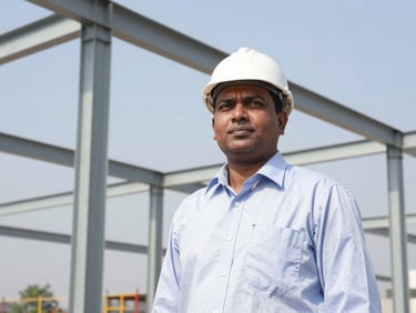 A Bangladeshi construction specialist working on a modern steel structure, bright daylight, 35mm