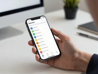 A clean, modern office desk under crisp studio light, a hand holding a smartphone displaying an active sales dashboard with real-time lead alerts.