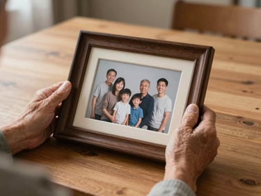A warm, natural-light close-up of an elderly person's hands holding a framed family photograph on a wooden table, soft focus background.