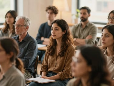 Diverse group of adults collaborating in a leadership development workshop, focused expressions, warm natural daylight, shallow depth of field, 35mm