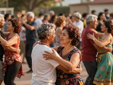 Community members of various ages participating in a cultural dance workshop, vibrant clothing, joyful expressions, warm natural daylight, shallow depth of field, 35mm