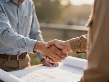 Two adults, one in a business casual shirt and one in work clothes, shaking hands over a blueprint or plan, warm natural light, shallow depth of field.