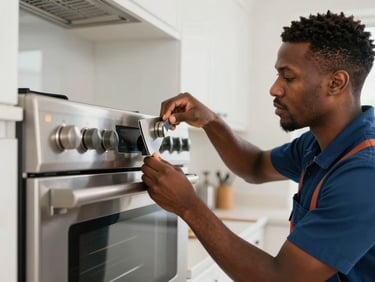 Close-up action shot of a professional African American installer in a clean Nexhaul uniform leveling a premium stainless steel range in a modern kitchen, bright daylight.