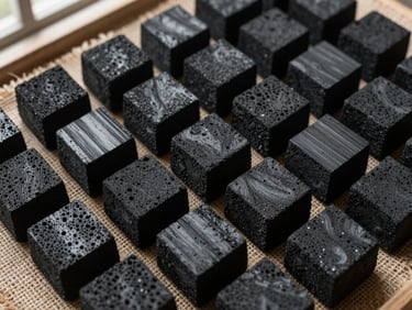Close-up overhead view of bamboo charcoal blocks arranged in a dense grid on a rough burlap surface, dark matte texture with visible pore structure, natural sidelight from a facility window, no hands