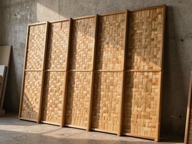 Ground-level view of finished woven bamboo decorative panels stacked upright against a raw concrete wall in a production space, warm afternoon light catching the weave texture, natural facility setting