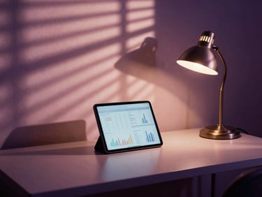 A sophisticated desk setup with a tablet displaying analytics, a vintage-style lamp, and abstract shadows of blinds creating patterns, cinematic window light, soft shadows, muted blush and deep purple tones, 35mm film
