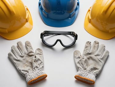 Overhead studio photograph of safety and PPE products — gloves, goggles, and hard hat — laid flat on a white surface, even diffused lighting, no shadows hiding product detail