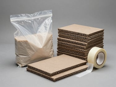 Studio isolation shot of industrial packaging materials — poly bags, corrugated sheets, and strapping tape — arranged on a neutral gray surface under flat studio lighting