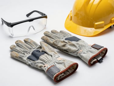 Protective industrial gloves, safety glasses, and hard hat laid flat on a clean white surface under studio lighting
