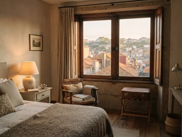 Interior of a boutique hotel room in Porto, large wooden window showing historic roofs, soft morning light, authentic details