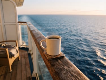Close-up of a cruise ship wooden balcony with a coffee cup overlooking calm blue ocean water, warm morning light, cinematic framing