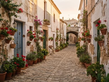A narrow cobblestone street in Menorca with whitewashed walls and terracotta pots, warm golden hour sunlight, soft shadows