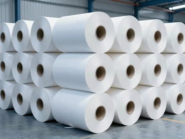 Wide-angle industrial shot of massive parent paper rolls stacked in a clean, modern warehouse, bright neutral daylight, blue and white tones.